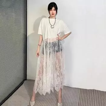 XITAO Patchwork Lace Perspective Pullover Dress ZMY1245 One Size белый