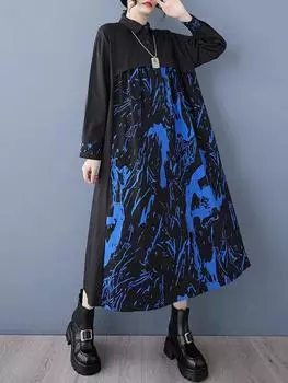 XITAO Patchwork Print Tie-dye Single Breasted Dress GMM1218 One Size чёрный