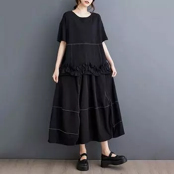 XITAO Patchwork Ruffles O-neck Matching Female Set GYX1575 One Size чёрный