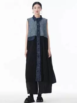 XITAO Patchwork Single Breasted Sleeveless Dress GYX1522 One Size синий