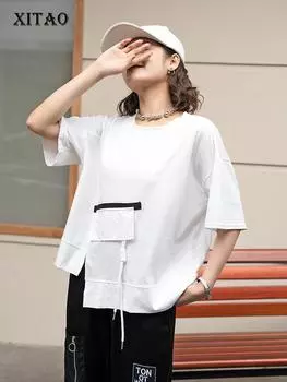 XITAO Personality Women T-shirt Asymmetrical Drawstring New Top DMJ4127