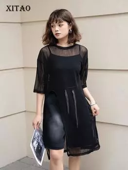 Xitao Перспективная вязаная футболка с высоким разрезом, однотонная повседневная новая женская футболка WLD20178