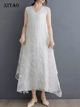 XITAO Платье А-силуэта без рукавов с V-образным вырезом ZY8663 One Size белый