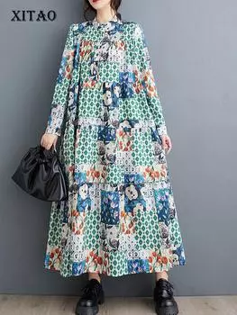 Xitao Платье А-силуэта с длинными рукавами и воротником-стойкой, утягивающее, модное, свободное, повседневное, универсальное, осень 2024, женское, новое платье HQQ2385 One Size жёлтый