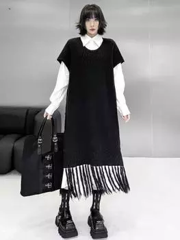 Xitao Платье А-силуэта с кисточками, круглым вырезом и короткими рукавами GYX1702 One Size чёрный