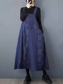 Xitao Платье А-силуэта с лоскутным узором, цветочными бретелями и пуговицами GMM1180 One Size синий