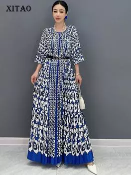 Xitao Платье А-силуэта с принтом и круглым вырезом, элегантное, свободное, повседневное, модное, уличное, трендовое, женское, новое, универсальное платье WLD20258