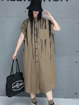 Xitao Платье А-силуэта с принтом, длиной до середины голени, однотонное, с воротником-стойкой, GMM1054 One Size чёрный