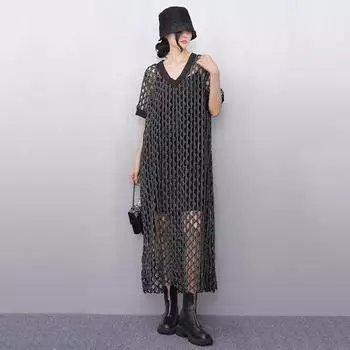 Xitao Платье А-силуэта с V-образным вырезом и вырезом-стойкой HQQ2467 One Size чёрный