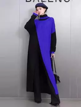 Xitao Платье А-силуэта с высоким воротником и контрастным цветом GMM1173 One Size синий