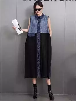 Xitao Платье без рукавов с карманами и принтом в стиле пэчворк GMM1329 One Size синий