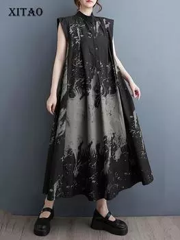 Xitao Платье без рукавов с воротником-стойкой и принтом, свободное модное женское платье 2024 года, новое летнее винтажное платье трапециевидной формы с большим подолом WLD20237
