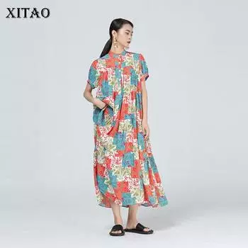 XITAO платье большого размера с принтом, женское модное свободное повседневное платье контрастного цвета со складками, 2021 CLL1405