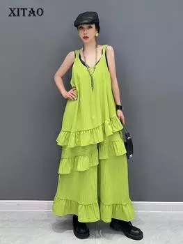 Платье-комбинезон XITAO, однотонное, с нерегулярными оборками, свободное, повседневное, для женщин, HQQ2318 One Size чёрный