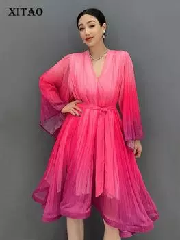 Xitao Платье из марли с градиентным эффектом длиной до колена, расклешенные рукава, складки, бандаж для женщин WLD20251