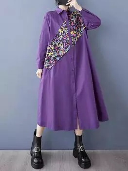 Xitao Платье контрастного цвета с карманами в стиле пэчворк и отложным воротником GMM1230 One Size чёрный