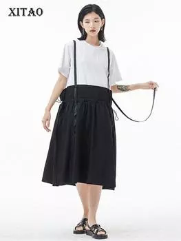 XITAO платье на шнуровке модное ложное платье из двух предметов с веером богини в повседневном стиле плиссированное элегантное летнее свободное платье меньшинств WLD7214 One Size чёрный