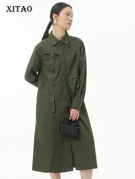 XITAO Платье на шнуровке Модное однотонное повседневное платье с одной грудью и длинными рукавами ZY7581