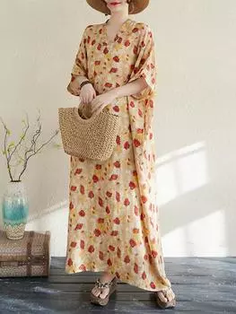 Xitao Платье-пуловер с принтом в стиле винтаж с рукавами «летучая мышь» ZMY1001 One Size жёлтый