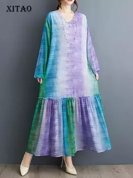 XITAO Платье-пуловер с V-образным вырезом в стиле пэчворк ZY8911 One Size фиолетовый