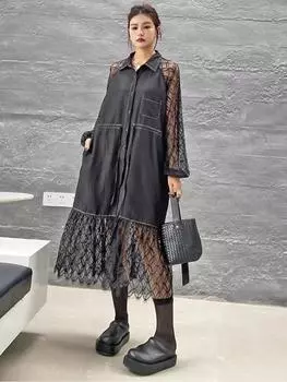 Xitao Платье-рубашка А-силуэта с отложным воротником и кружевом в стиле пэчворк GMM1138 One Size чёрный