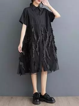 Xitao Платье-рубашка из однотонной марли в стиле пэчворк LJ1065 One Size чёрный