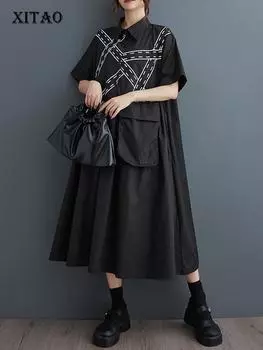Xitao Платье-рубашка с большим карманом, асимметричное модное свободное повседневное женское летнее простое платье с коротким рукавом WLD20249 One Size белый