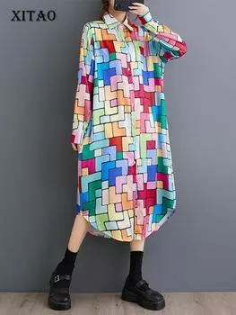 Xitao Платье-рубашка с геометрическим принтом контрастного цвета, модное свободное повседневное платье с длинным рукавом для женщин WLD20244