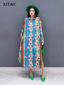 XITAO платье-рубашка с принтом свободное однобортное женское платье с отложным воротником LYD1527