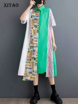 Xitao Платье с асимметричным принтом контрастного цвета, свободное модное новое женское платье ZY8808 One Size зелёный
