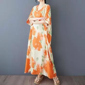 Xitao Платье с цветочным принтом и V-образным вырезом ZMY1033 One Size оранжевый