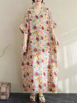 Xitao Платье с цветочным принтом и V-образным вырезом с короткими рукавами ZMY1007 One Size красный