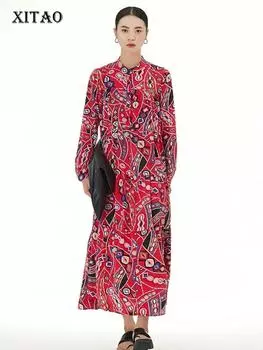 XITAO платье с длинным рукавом и принтом, свободное модное винтажное женское платье HQQ2107 One Size чёрный
