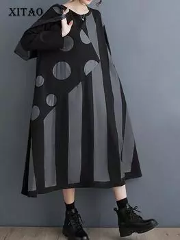 XITAO платье с длинными рукавами и принтом, свободное повседневное модное лоскутное женское платье-пуловер DMJ3012
