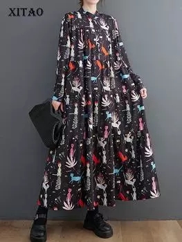 Xitao Платье с длинными рукавами и воротником-стойкой DMJ2366 One Size чёрный