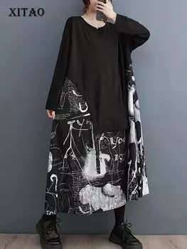 XITAO платье с длинными рукавами, свободное повседневное модное женское платье с принтом DMJ3077