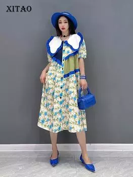 XITAO платье с французским цветочным принтом, модное платье нерегулярного контрастного цвета, съедобное дерево, грибок, лоскутное платье, воротник Питера Пэна, женское ZY7161 One Size