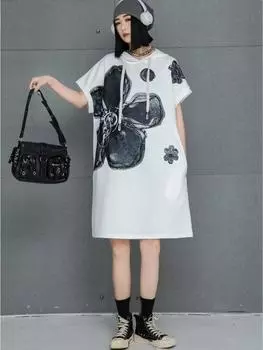 Xitao Платье с капюшоном и цветочным принтом, рукавом-половиной GMM1324 One Size серый