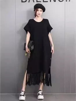 Xitao Платье с кисточками и разрезом по бокам в технике пэчворк GMM1352 One Size чёрный