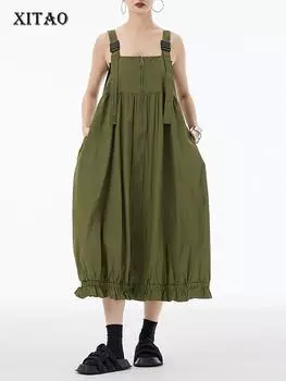 XITAO Платье с квадратным воротником на бретельках-спагетти ZY8837 One Size зелёный