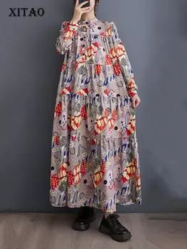 Xitao Платье с мультяшным принтом и воротником-стойкой, повседневное модное повседневное женское платье с длинным рукавом DMJ3614 One Size красный