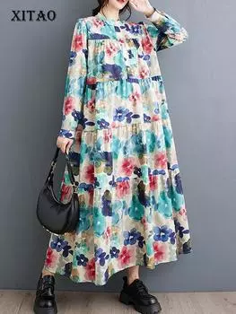 Xitao Платье с принтом и длинными рукавами в стиле пэчворк, свободное, повседневное, утягивающее, уличное, модное, осеннее, женское, новое, пуловерное платье HQQ2383 One Size красный