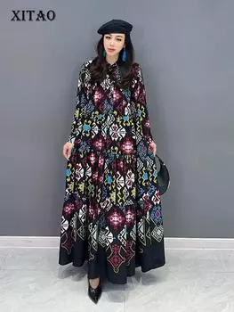 XITAO платье с принтом и воротником-стойкой, пуловер в стиле пэчворк, однобортное женское платье с длинными рукавами ZZ0138 One Size чёрный