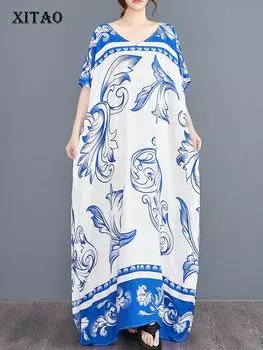 Xitao Платье с принтом «летучая мышь» и V-образным вырезом GJ1077 One Size белый