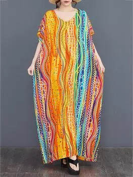 Xitao Платье с принтом «летучая мышь» и V-образным вырезом с короткими рукавами ZMY1010 One Size жёлтый