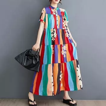 Xitao Платье с принтом в виде цветка на пуговицах и круглым вырезом ZMY1037 One Size красный