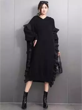 Xitao Платье с рукавами «летучая мышь» и V-образным вырезом GMM1294 One Size чёрный