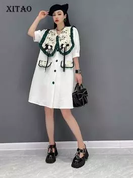 XITAO платье с рюшами в стиле пэчворк с карманом богини веер Повседневный стиль с одной грудью летнее элегантное платье с карманами меньшинств WMD6213