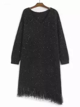 Xitao Платье с V-образным вырезом, украшенное пайетками и кисточками GMM1263 One Size чёрный