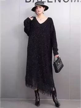 Xitao Платье с V-образным вырезом и длинными рукавами, расшитое пайетками и кисточками GMM1279 One Size чёрный
